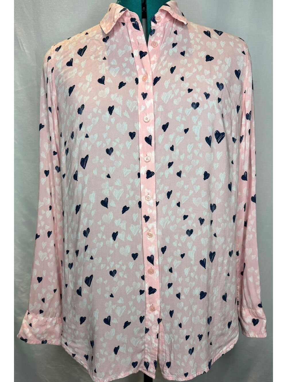 Talbots Petites MP Pink Navy Heart Print Button Front Rayon Blouse
